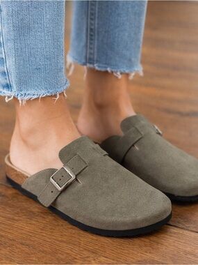 Classic Olive Suede Buckle Mules for Women